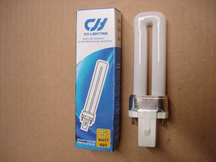 CH Lighting 5W CFL
A CH Lighting 5W warm white PL type compact fluorescent lamp with triphosphors.

Made in: China

Colour temperature: 2700K

Base: G23
