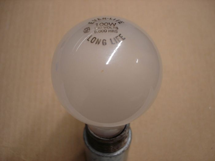 Ever-Lite 100W 
Here is a Ever-Lite 100W frosted long life incandescent lamp.

Lamp life: 5000 hours

Current: 0.73A

Voltage: 130V

Filament: C-9

Lamp shape: A19
