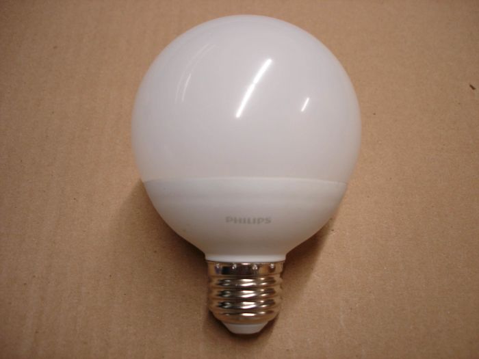 Philips 4.5W LED
Here's a Philips 4.5W non-dimmable warm white LED globe lamp. Equal to a 40W Incandescent. 

Made in: China

Lumens: 350

Lamp life: 15,000 hours

Current: 65 mA

Voltage: 120V

Colour temperature: 2700K

Lamp shape: G25
