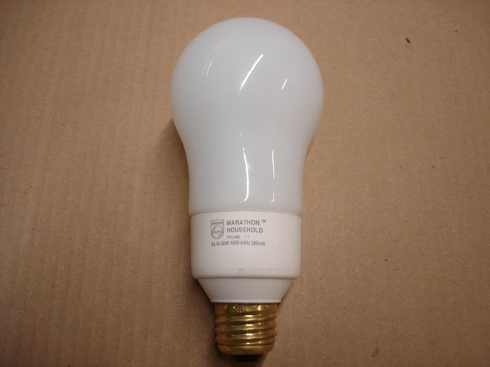 Philips 20W CFL
A Philips 20W Marathon Household non-dimmable warm white compact fluorescent lamp.

Made in: Poland

Lamp current: 285 mA

Voltage: 120V

Lamp shape: A21

Lamp life: ~10,000 hours
