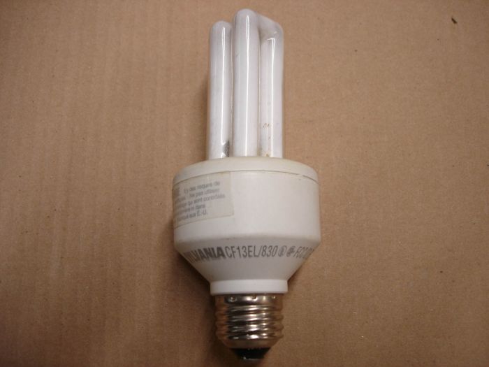 Sylvania 13W CFL
Here's a Sylvania 13W Dulux warm white compact fluorescent lamp.

Made in: USA

Manufactured: Date code u8a8

Colour temperature: 3000K

Current: 235 mA

Voltage: 120V

Lamp life: ~10,000 hours
