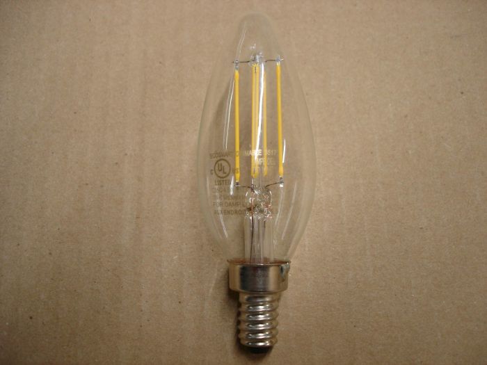Ecosmart 4.5W LED
Here is an Ecosmart 4.5W warm white dimmable LED filament lamp. Equals a 60W incandescent.

Made in: China

Colour temperature: 3000K

Lamp life: 15,000 hours

Lumens: 500

Lamp shape: B11

CRI: 80

Voltage: 120V

Base: E12 candelabra 

Current: 50 mA
