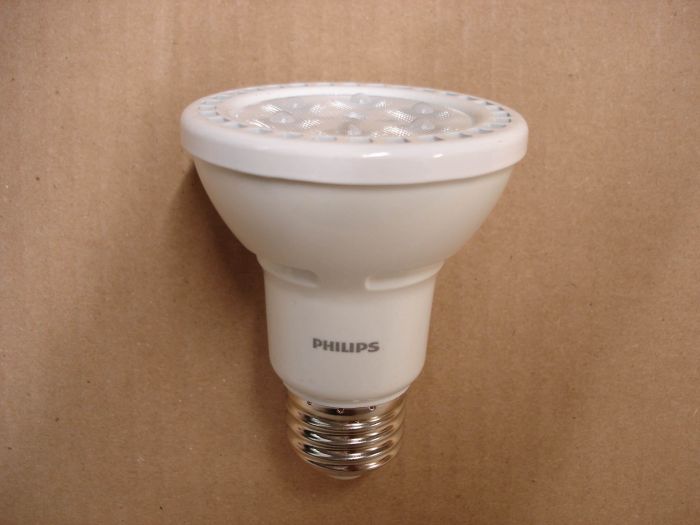 Philips 6W LED
A Philips 6W dimmable warm white PAR20 spot with a 15° beam. Equals a 50W incandescent.

Made in: Mexico

Colour temperature: 2700K

Voltage: 120V

Current: 58 mA

Lamp shape: PAR20

Lumens: 430

Lamp life: 45,000 hours

CRI: 80
