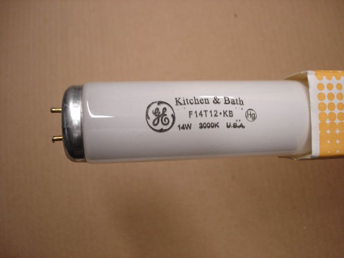 GE F14T12
Here is a GE F14T12 Kitchen & Bath fluorescent lamp.

Made in: USA

Colour temperature: 3000K

Lumens: 700

Lamp life: 9000 hours

CRI: 70
