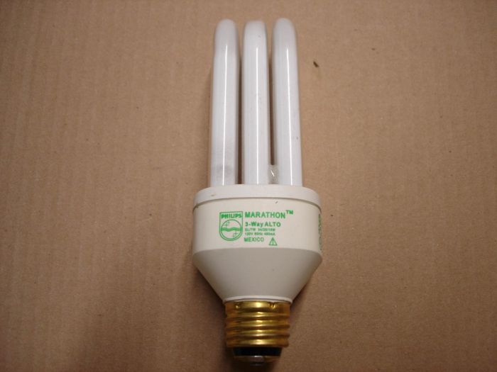 Philips 18-26-34W CFL
Here's a Philips ALTO warm white 18-26-34W 3-way triple U bend compact fluorescent lamp. Equals a 50-100-150W incandescent 3-way lamp.

Made in: Mexico

Colour temperature: 2700K

Lamp life: 7000 hours

Lamp lumens: 750/1400/2050

Lamp current: 480 mA


