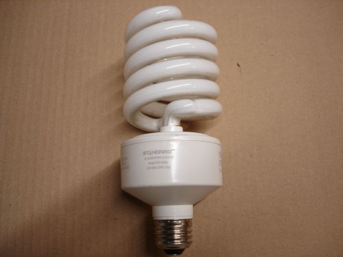 Standard 42W CFL
Here is a Standard 42W natural white sprial compact fluorescent lamp. Equals 170W incandescent.

Made in: China

Colour temperature: 5000K

Lamp life: 10,000 hours

Lamp current: 0.70A

Lumens: 2800

CRI: 82
