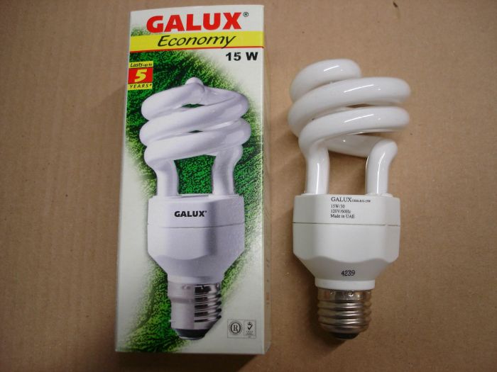 Galux 15W CFL
A Galux (Gulf Advanced Lighting) 15W economy warm white compact fluorescent lamp. Equals 75W incandescent.

Made in: United Arab Emirates 

Voltage: 120V

Current: 0.21A

Colour temperature: 3000K

Lamp life: 6000 hours


