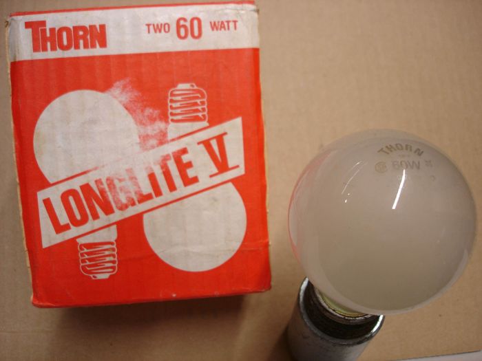 Thorn 60W
Here's a Thorn Longlife V 60W (appears to be made by Philips) frosted incandescent lamps.

Made in: Canada

Manufactured: May 1978?

Filament: C-6

Current: 0.43A

Voltage: 130V

Lamp life: 5000 hours

Lamp shape: A19
