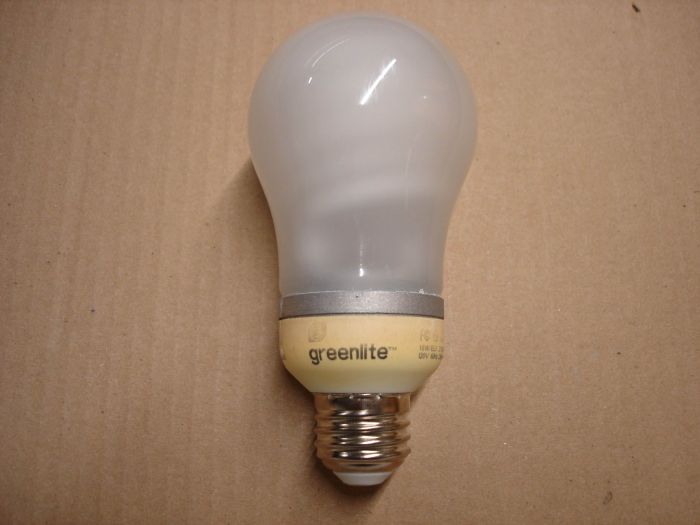 Greenlite 18W
A Greenlite 18W non-dimmable warm white glass-covered compact fluorescent lamp.

Made in: China

Colour temperature: 2700K

Voltage: 120V

Current: 290 mA

Lumens: 1100

Lamp shape: A21

Lamp life: ~10,000 hours
