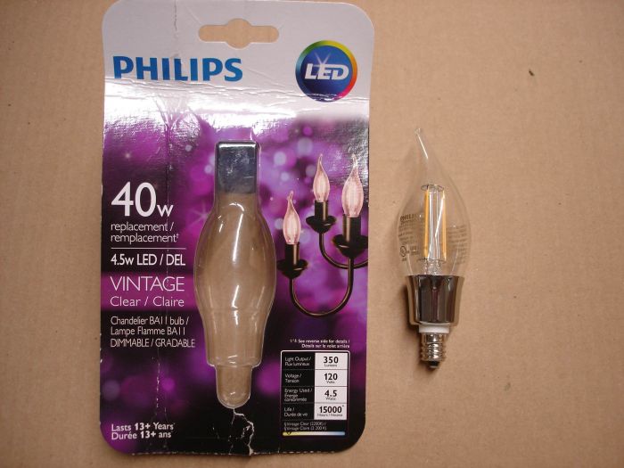 Philips 4.5W LED
Here's a Philips 4.5W vintage clear chandelier dimmable LED lamp. Equals a 40W incandescent.

Made in: China

Lumens: 350

Lamp shape: BA11

Colour temperature: 2200K

Voltage: 110 - 130V

Current: 50 mA

Lamp life: 15,000 hours

Base: E12 Candelabra 
