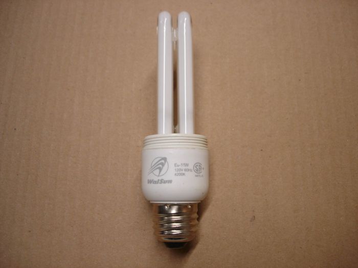 Walsun 11W
Here is a Walsun 11W cool white compact fluorescent lamp.

Made in: China

Colour temperature: 4100K

Lamp life: ~10,000 hours

Current: 0.41A

Voltage: 120V
