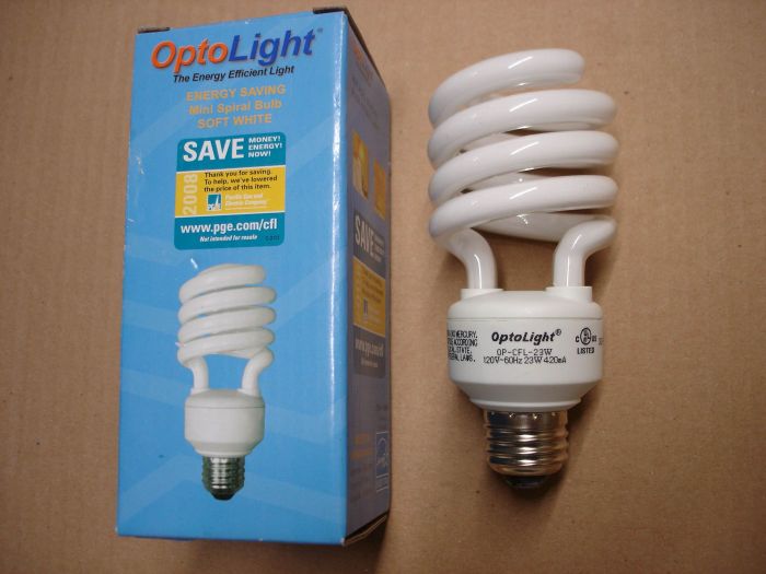 OptoLight 23W
Here's an OptoLight 23W warm white non-dimmable compact fluorescent lamp. Equals 100W incandescent.

Manufactured: Circa 2008

Made in: China

Voltage: 120V

Current: 420 mA

Colour temperature: 2800K

Lumens: 1650

Lamp life: 10,000 hours


