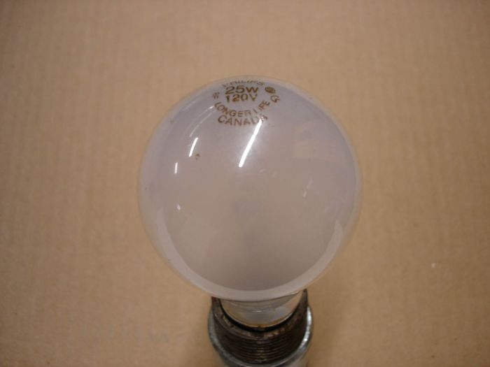 Philips 25W
A philips Canada 25W Longer Life incandescent lamp with a thin silica type thin frost. 

Made in: Windsor, Ontario Canada

Manufactured: June 1998

Lamp life: 2500 hours

Voltage: 120V

Current: 0.19A

Filament: C-6 supported

Lamp shape: A19
