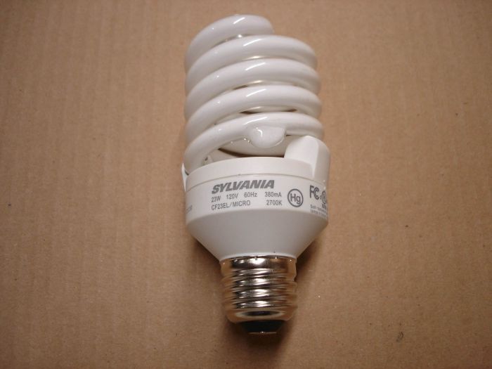 Sylvania 23W CFL
Here's a Sylvania 23W Micro non-dimmable warm white compact fluorescent lamp.

Made in: China

Colour temperature: 2700K

Current: 380 mA

Voltage: 120V

Lumens: 1640

Lamp life: 12,000 hours

CRI: 82

Lamp shape: T3 spiral


