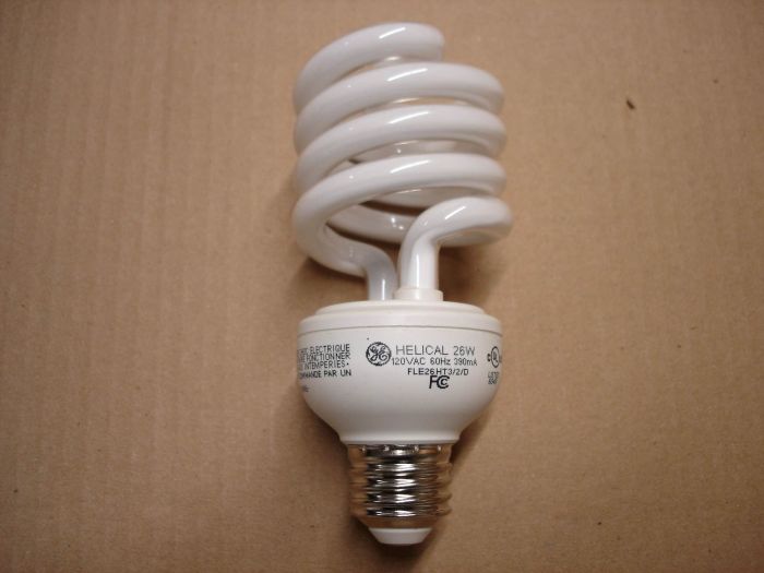 GE 26W CFL
Here is a GE 26W Helical daylight non-dimmable compact fluorescent lamp. 

Made in: China

Current: 390 mA

Colour temperature: 6500K

Lumens: 1315

Lamp life: 10,000 hours

Voltage: 120V

CRI: 82

Lamp shape: T3 spiral

