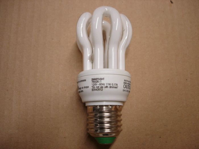 Smartlight 11W CFL
Here's a Smartlight 11W warm white non-dimmable compact fluorescent lamp.

Colour temperature: 2700K

Current: 0.17A

Voltage: 120V

Lamp life: ~10,000 hours
