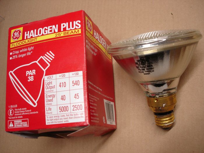 GE 40W
Here's a GE Canada 40W (45W @ 130V) Halogen Plus flood light with a 25 degree beam. 

Made in: Canada

Voltage: 120 - 130V

Lumens: 410 @ 120V /  540 @ 130V

Colour temperature: 2780K

Lamp shape: PAR38

Lamp life: 5000 hours @ 120V / 2500 hours @ 130V

Filament: CC-8 axial

Current: 0.32A
