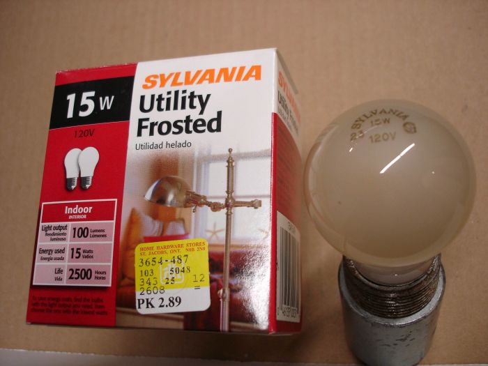 Sylvania 15W 
Here is a pack of Sylvania 15W Utility Frosted incandescent lamps.

Made in: St Marys, Pennsylvania USA

Lumens: 100

Current: 0.12A

Shape: A15

Lamp life: 2500 hours

Filament: C-9

Voltage: 120V
