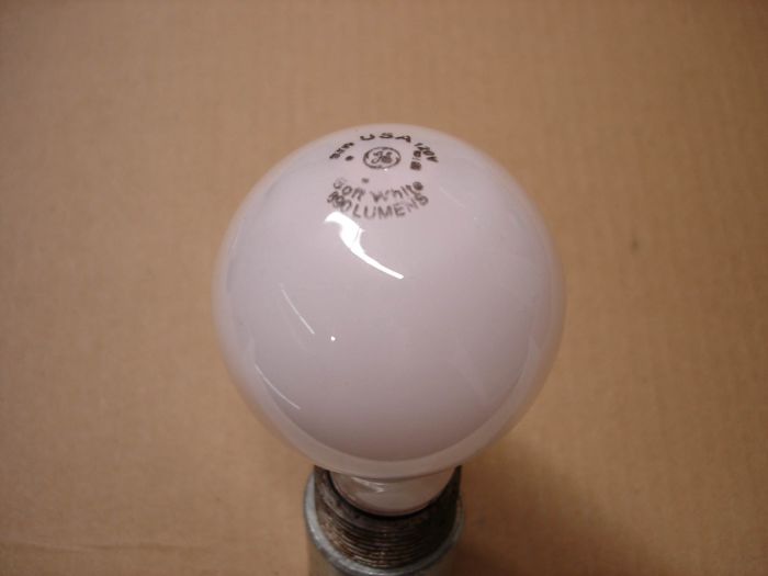 GE 53W 
Here is a GE 53W soft white halogen lamp. 53W halogen equal to a 75W regular incandescent lamp.

Made in: USA

Colour temperature: 2750K

Current: 0.44A

Voltage: 120V

Lumens: 890

Lamp life: 1000 hours

Filament: C-8

Shape: A19
