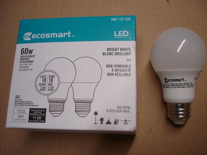 Ecosmart 9W LED
Here's a pack of Ecosmart 9W non-dimmable Bright White LED lamps. Equal to 60W incandescent lamps.

Made in: China

Colour temperature: 3000K

Lumens: 800

Lamp life: 11,000 hours

Voltage: 120V

Current: 173 mA

Lamp shape: A19

CRI: 80


