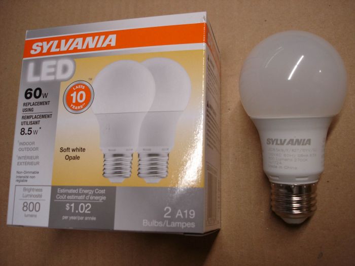 Sylvania 8.5W LED
A Pair of Sylvania 8.5W non-dimmable soft white LED lamps. Equivalent to 60W incandescent lamps. 

Made in: China

Lumens: 800

Colour temperature: 2700K

Lamp life: 11,000 hours

Voltage: 120V

Current: 128 mA

Lamp shape: A19
