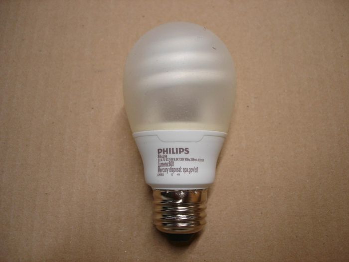 Philips 14W CFL
A Philips 14W non-dimmable soft silicone covered daylight compact fluorescent lamp.

Made in: China

Manufactured: December 2014

Colour temperature: 6500K

Current: 205 mA

Voltage: 120V

lumens: 800

Lamp shape: A19
