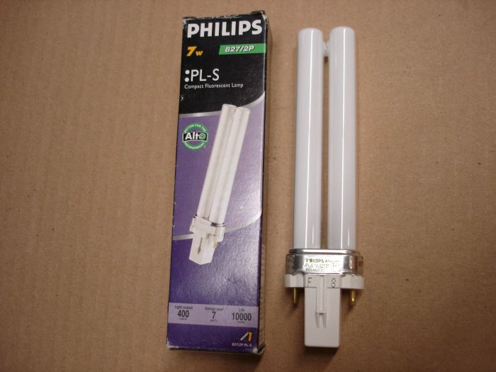 Philips 7W CFL
A Philips ALTO 7W PL-S warm white compact fluorescent lamp.

Made in: Poland

Manufactured: June 2008

Colour temperature: 2700K

Lumens: 400

Lamp life: 10,000 hours

Base: GX23-2 (DBX2P)


