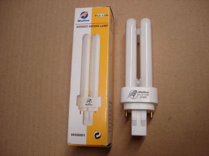 Walsun 13W
Here is a Walsun 13W warm white PL-C compact fluorescent lamp.  Equals a 65W incandescent lamp.

Made in: China

Lamp life: 10,000 hours

Colour temperature: 2700K

Base: GX23-2
