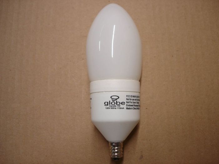 Globe 7W CFL
A Globe 7W warm white non-dimmable candle compact fluorescent lamp. Equals a 30W incandescent.

Made in: China

Colour temperature: 2700K

Current: 115 mA

Lamp shape: B15

Base: E12 Candelabra 




