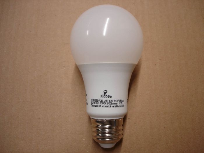 Globe 10W LED
A Globe Electric 10W dimmable warm white LED lamp. Equals a 60W incandescent. 

Made in: China

Colour temperature: 3000K

Current: 85 mA

Lumens: 800

Lamp shape: A19

Voltage: 120V

Lamp life: 15,000 hours
