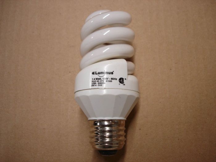 Luminus 14W 
A Luminus 14W warm white non-dimmable compact fluorescent lamp.

Made in: China

Lumens: ~900

Colour temperature: 2700K

Voltage: 120V

Lamp life: 10,000 hours


