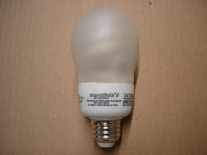 ArmourBulb 14W
Here's an ArmourBulb 14W Natural Soft White non-dimmable glass covered compact fluorescent lamp with a protective silicone coating.

Made in: China

Lamp shape: A21

Voltage: 120V

Current: 230 mA

Colour temperature: 2700K

Lumens: 800

Lamp life: 10,000 hours
