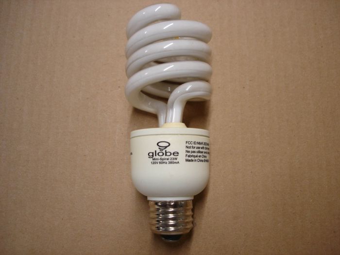Globe 23W CFL
Here's a Globe 23W warm white Mini-Spiral compact fluorescent lamp. Equals a 100W incandescent lamp.

Made in: China

Colour temperature: 2700K

Voltage: 120V

Current: 380 mA

Lumens: 1600

Lamp life: 12,000 hours


