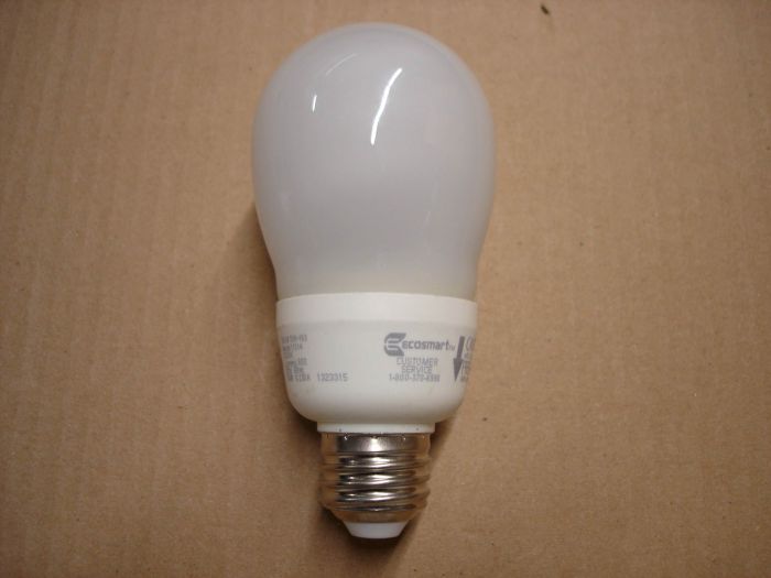 Ecosmart 14W CFL
Here's an Ecosmart 14W non-dimmable covered warm white compact fluorescent lamp.

Made in: China

Colour temperature: 3500K

Lumens: 800

Voltage: 120V

Current: 0.230A

Lamp life: 10,000 hours

Lamp shape: A19

