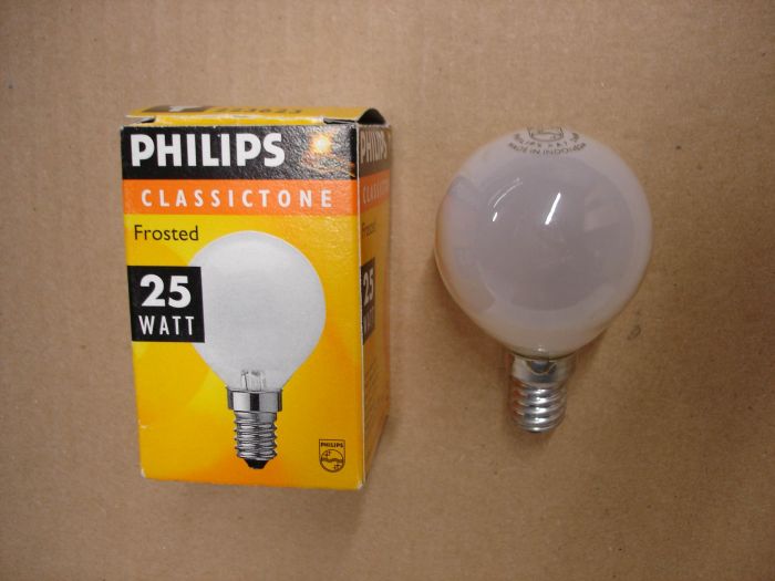 Philips 25W
Here's a Philips 25W frosted Classictone 240 volt lamp.

Made in: Indonesia 

Manufactured: January 2007

Lamp lumens: 210

Lamp shape: P45 (metric)

Base: E14 European

Lamp life: 1000 hours

Filament: C-9

Voltage: 220 - 240V
