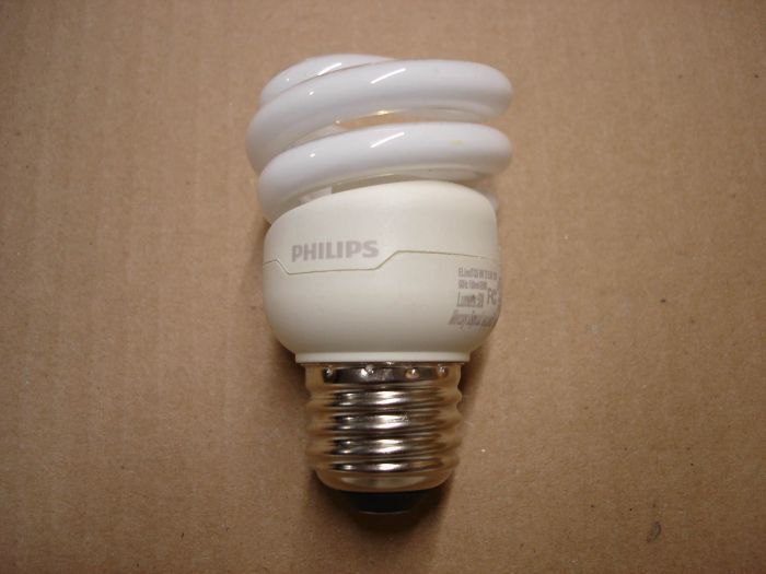 Philips 9W CFL
A Philips 9W daylight non-dimmable Mini Twister compact fluorescent lamp.

Made in: China

Manufactured: July 2015

Colour temperature: 6500K

Voltage: 120V

Current: 150 mA

Lumens: 520

Lamp shape: T2 Spiral

Base: Medium E26
