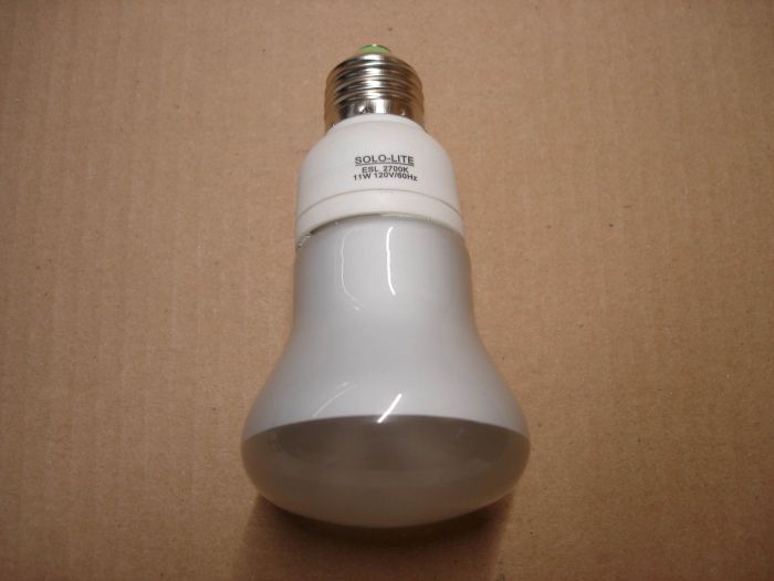 Solo-Lite 11W CFL
Here's a Solo-Lite 11W warm white compact fluorescent flood lamp.

Lamp shape: R20

Colour temperature: 2700K

Current: 0.13A

Voltage: 120V

Base: Medium E26
