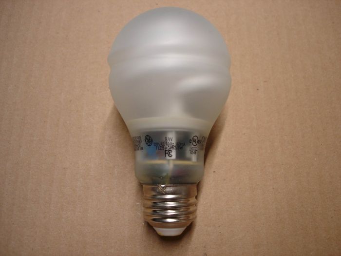 GE 9W CFL
Here's a GE 9W all glass covered non-dimmable soft white compact fluorescent lamp. Equals a 40W incandescent lamp.

Made in: China

Lamp shape: A19

Current: 160 mA

Lumens: 450

Voltage: 120V

Colour temperature: 2700K

Lamp life: 8000 hours

CRI: 82

