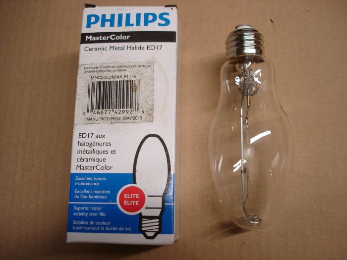 Philips 50W Metal Halide
A Philips 50W MasterColor Elite clear ceramic metal halide lamp.

Made in: China

Manufactured: May 2016

Colour temperature: 4000K

Lamp life: 20,000 hours

Lamp lumens: 3800

Lamp shape: ED-17

Voltage: 85V

Current: 0.68A

CRI: 87
