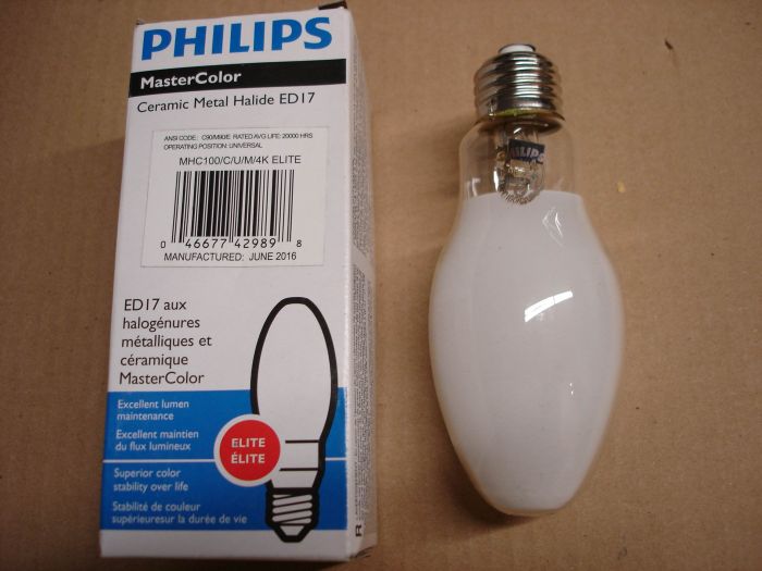 Philips 100W Metal Halide 
A Philips 100W MasterColor Elite coated ceramic metal halide lamp.

Made in: China

Manufactured: June 2016

Colour temperature: 4000K

Lamp life: 20,000 hours

Lamp lumens: 7600

Lamp shape: ED-17

Voltage: 98V

Current: 1.1A

CRI: 87
