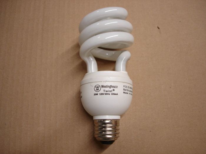 Westinghouse 20W CFL
A Westinghouse 20W Twist natural daylight white non-dimmable compact fluorescent lamp.

Made in: China

Lamp life: 10,000 hours

Lamp shape: T4 spiral

Colour temperature: 5000K

Current: 335 mA

Voltage: 120V

