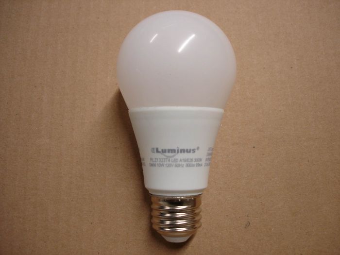 Luminus 10W LED
Here's a Luminus 10W Omni warm white dimmable LED lamp.

Made in: China

Colour temperature: 3000K

Lumens: 800

Lamp shape: A19

lamp life: 20,000 hours

Current: 95 mA

Voltage: 120V
