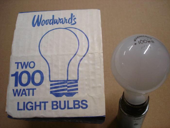Woodward's 100W
Here's a pack of Woodward's (General Electric) 100W silica frosted incandescent lamps. 

Made in: Canada

Manufactured: Circa 1980's

Lamp shape: A19

Filament: C-8

Voltage: 120V

Current: 0.82A

Lamp life: 1000 hours

Base: Medium E26 aluminum
