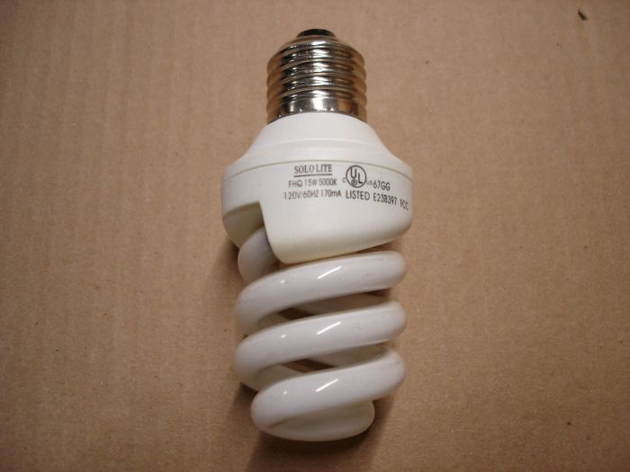 Solo-Lite 15W CFL
A Solo Lite 15W natural white non-dimmable compact fluorescent lamp.

Voltage: 120V

Current: 170 mA

Colour temperature: 5000K

Shape: T3 spiral


