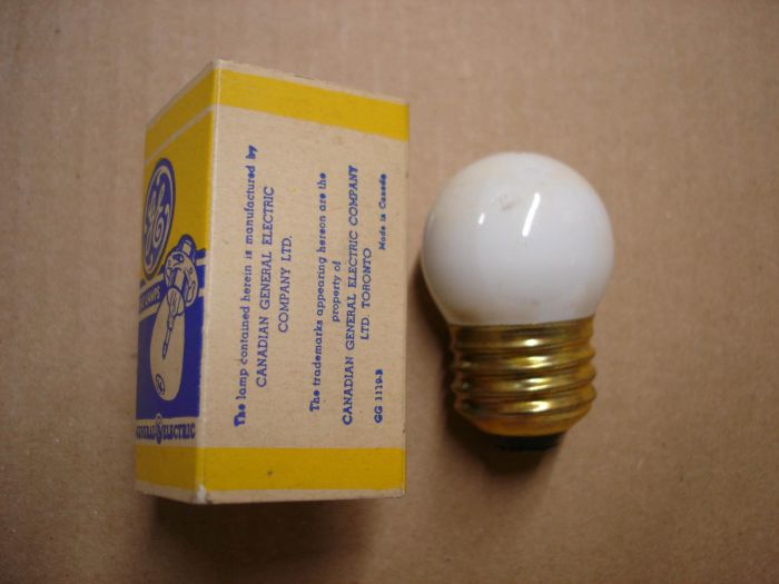 GE 7.5W
Here is a GE Canada 7.5W white incandescent lamp.

Made in: Canada

Lamp life: 1400 hours

Lamp shape: S11

Voltage: 120V

Current: 0.06A

Filament: C-9

Lumens: 39

Base: Medium E26 brass
