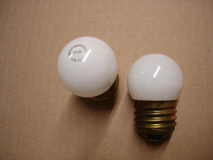 Westinghouse 7.5W
Here's a pair of Westinghouse 7.5W white incandescent lamps.

Voltage: 115 - 125V

Current: 0.06A

Lamp life: 1500 hours

Lamp shape: S11

Base: Medium E26 brass

Lumens: 40

Filament: C-7A
