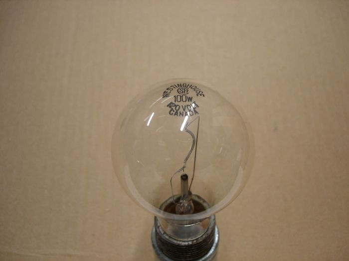 Westinghouse 100W
A Westinghouse Canada 100W clear incandescent lamp.

Made in: Canada

lamp current: 0.82A

Voltage: 120V

Lamp filament: CC-8

Lamp shape: A19

Lamp life: 1000 hours

Lumens: 1470

Base: Medium E26 aluminum 
