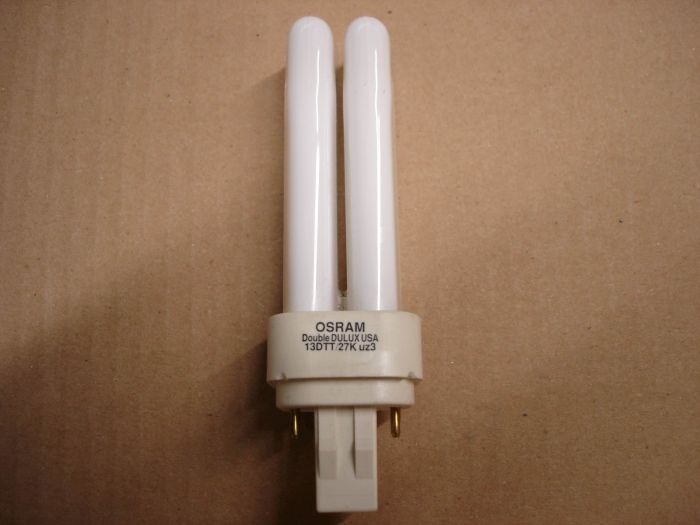 Osram 13W
Here's an Osram 13W Double DULUX warm white compact fluorescent lamp.

Made in: USA

Colour temperature: 2700K

Lamp life: 20,000 hours

Lumens: 900

Lamp base: GX23-2 (DBX2P)
