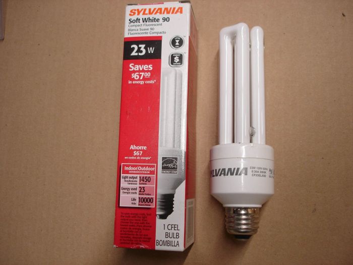 Sylvania 23W CFL
Here's a 23W Sylvania warm white non dimmable compact fluorescent lamp. Equal to a 90W incandescent lamp.

Made in: Taiwan

Lumens: 1540

Current: 0.30A

Lamp life: 10,000 hours

Colour temperature: 3000K

Voltage: 120V

Base: Medium E26
