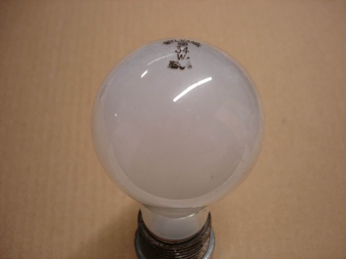 Sylvania 34W
Here is a Sylvania 34W (40W long life) silca coated incandescent lamp. 

Lamp shape: A19

Lamp current: 0.28A

Lumens: 310

Lamp life: 2500 hours at 120V   1000 hours at 130V

Voltage 130V

Filament: CC-8

Base: Medium E26 aluminum 
